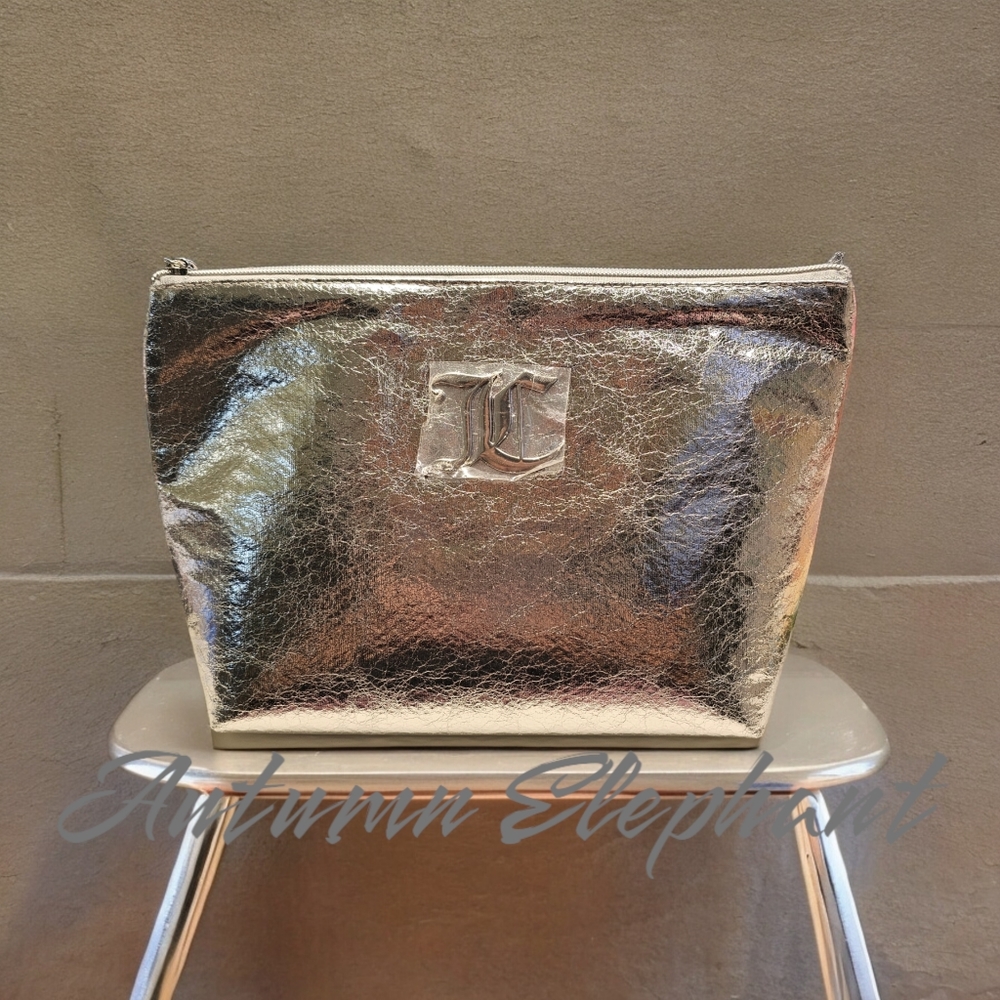 NWOT - Juicy Couture Metallic Silver Makeup Pouch, Bottle Included